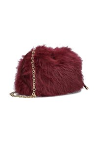 Burgundy faux-fur bag with a curved shape, gold-tone chain strap, and textured surface. Features a drawstring closure.