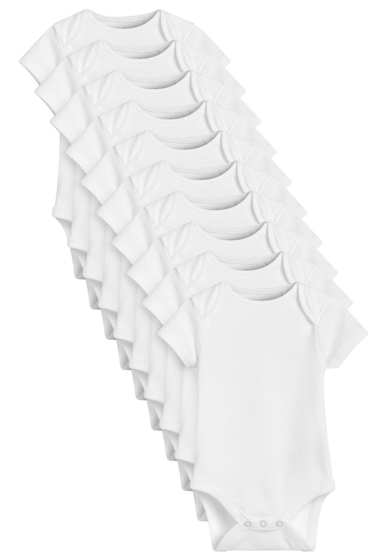 Ensemble de dix bodies blancs à manches courtes pour bébé en coton doux. Chacun possède des boutons-pression à l'arrière et un col rond.