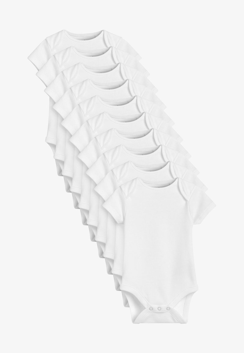 Zestaw dziesięciu białych body dla niemowląt z krótkim rękawem, wykonanych z miękkiej bawełny. Każde z nich ma zapięcia na napy na dole oraz okrągły dekolt.