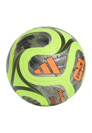 Pallone da calcio fluorescente giallo e nero con logo Adidas arancione, emblema della Coppa del Mondo FIFA e testo "TRIONDA".