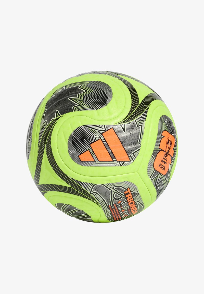 Ballon de football jaune fluo et noir avec logo orange Adidas, emblème de la Coupe du Monde de la FIFA et texte "TRIONDA".