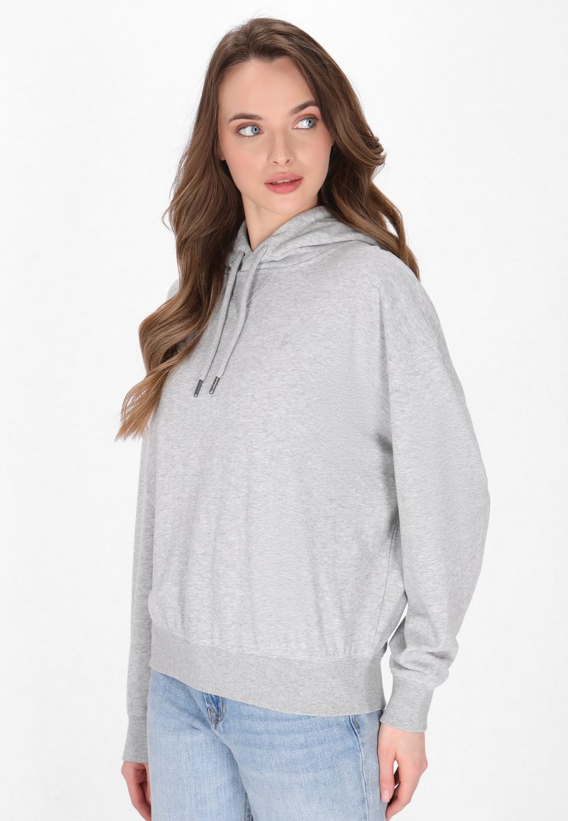 Lichtgrijze hoodie met een ontspannen pasvorm, verstelbare trekkoorden en ribgebreide manchetten en zoom. Zachte stoftextuur, casual ontwerp.