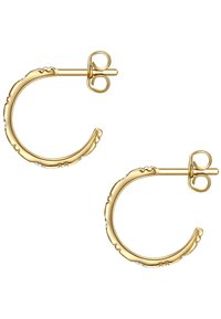 Zelta toņa apli auskari ar teksturētu dizainu un maziem caurspīdīgiem akcentiem. Aprīkoti ar aizdari, kas nodrošina drošu valkāšanu.