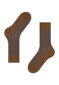 Braune Baumwollsocken mit einem blauen karierten Muster. Mit verstärkter Ferse und Spitze für Langlebigkeit gestaltet. Prägierter Markenname an der Unterseite.