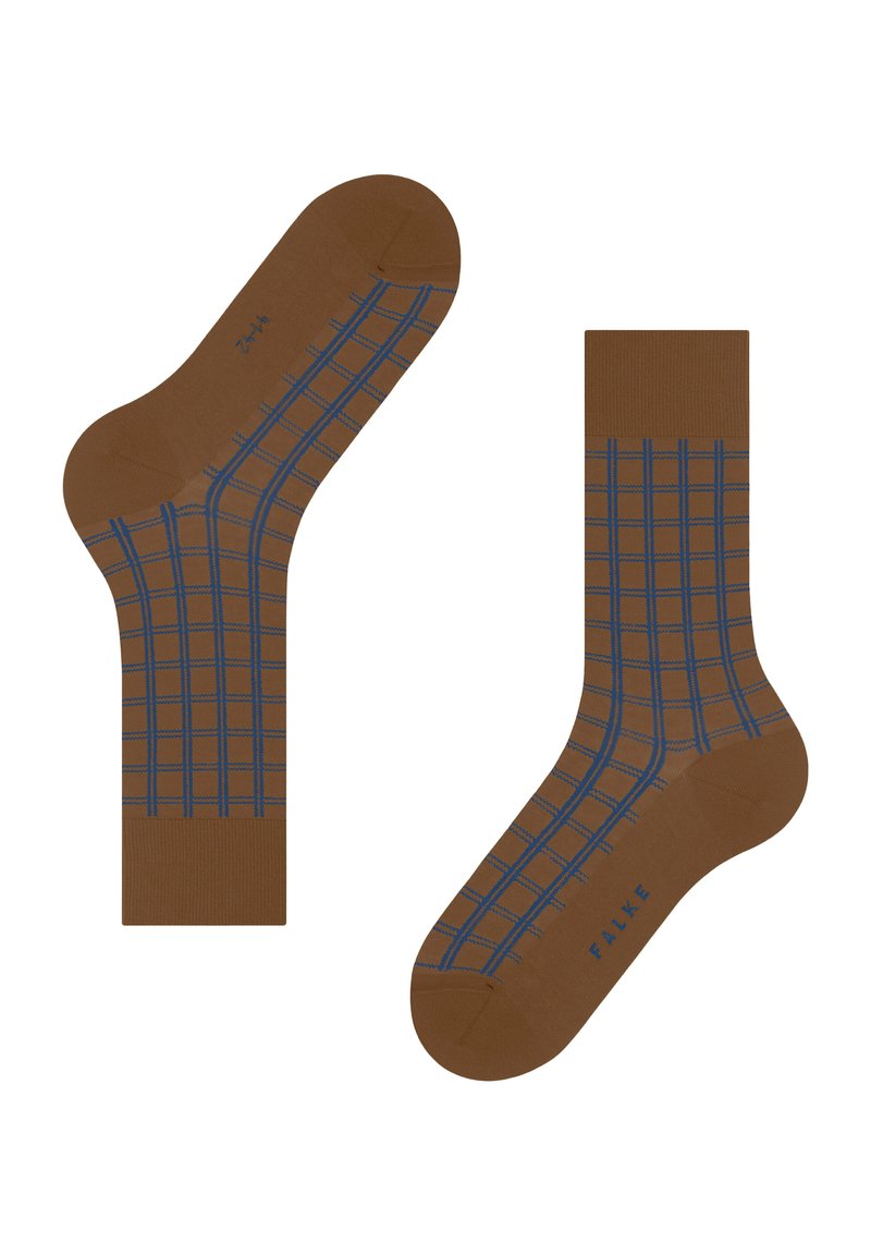 Braune Baumwollsocken mit einem blauen karierten Muster. Mit verstärkter Ferse und Spitze für Langlebigkeit gestaltet. Prägierter Markenname an der Unterseite.