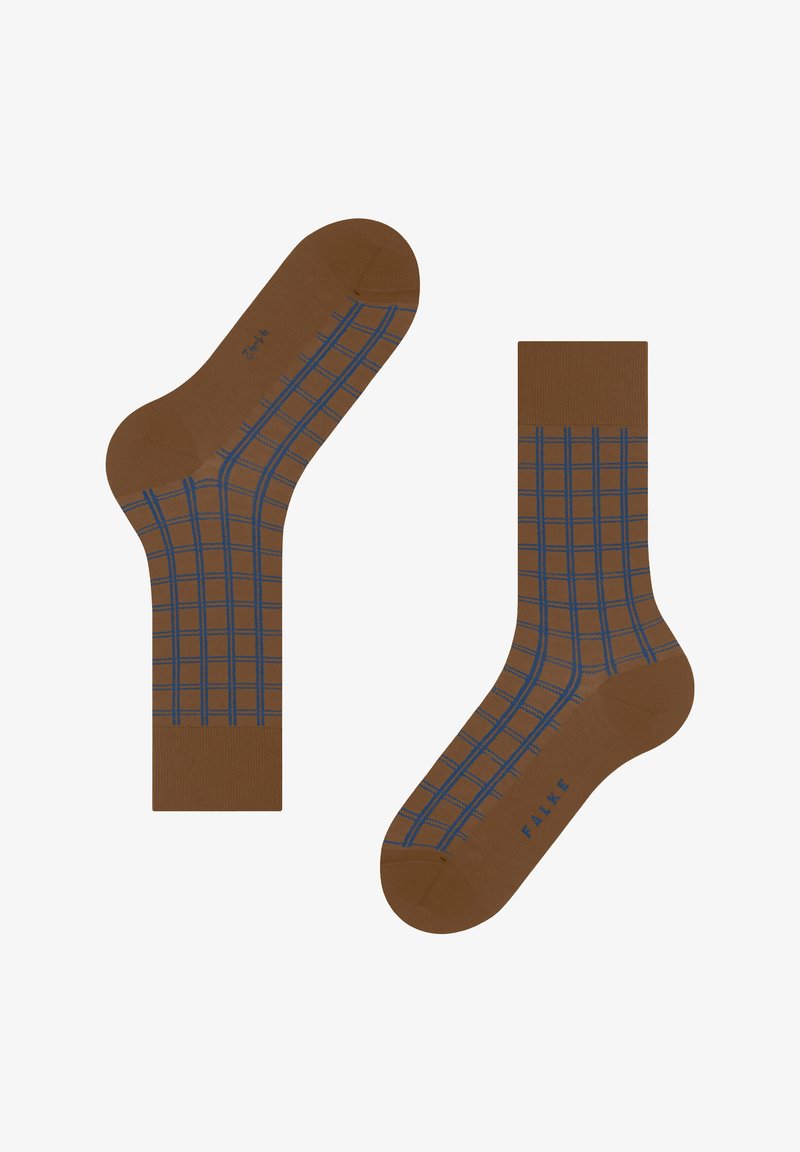 Chaussettes en coton marron avec un motif à carreaux bleus. Conçues avec un talon et un orteil renforcés pour une durabilité accrue. Nom de la marque en relief au bas.