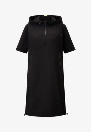 Black short-sleeve dress with a hood, featuring a half-zip front, two side zip pockets, and adjustable drawstrings at the hem.