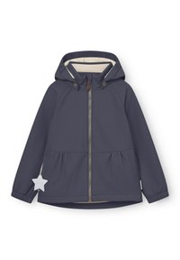 Otroška mornarsko modra jakna s kapuco z zadrgo spredaj, bež notranjo podlogo, elastičnimi manšetami in obeskom v obliki zvezde na levi strani.