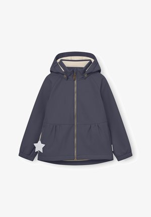 Chaqueta con capucha azul marino para niños, con cremallera frontal, forro interior beige, puños elásticos y una etiqueta colgante en forma de estrella en el lado izquierdo.