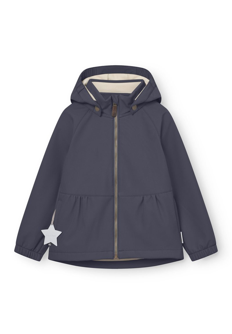 Otroška mornarsko modra jakna s kapuco z zadrgo spredaj, bež notranjo podlogo, elastičnimi manšetami in obeskom v obliki zvezde na levi strani.