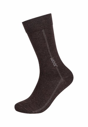 Calzino di cotone marrone con polsino a coste, punta rinforzata e cuciture bianche sottili lungo il lato. Texture liscia e design classico.