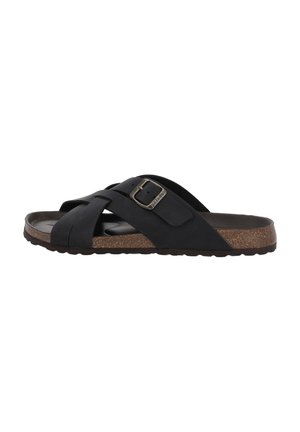 Black slide sandal with a cross-band design and adjustable buckle, featuring a textured cork footbed and a rubber sole for traction.
