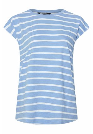 Haut bleu clair à manches courtes avec des rayures horizontales blanches et un col rond.