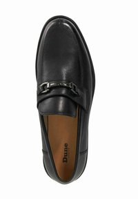 Black leather slip-on shoe with a rounded toe, featuring a decorative metal buckle accent on the vamp and a smooth finish.