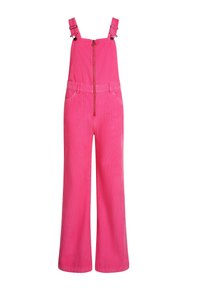 Klare rosa vide corduroy jumpsuits med justerbare skulderstropper, glidelås foran og sidelommer, vist på hvit bakgrunn.