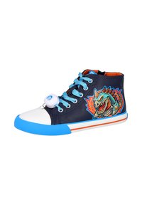 Zapatillas altas de cuero sintético azul marino, con gráficos vibrantes de dinosaurios, puntera de goma blanca y acentos azules.