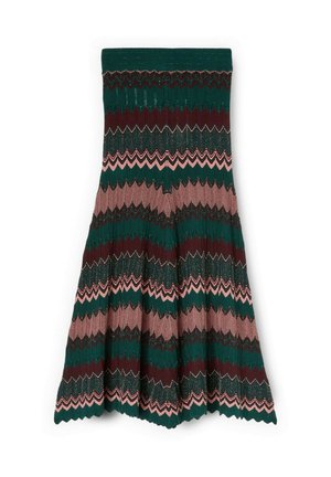 Gonna midi di maglia con ampia fascia in vita, caratterizzata da motivi a zigzag in verde, bordeaux, rosa e dettagli metallici.