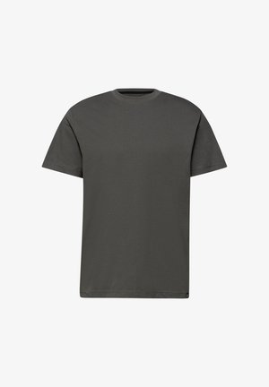 Effen donkergrijs T-shirt met korte mouwen, ronde hals, rechte zoom en zonder zichtbare logo's of ontwerpen.