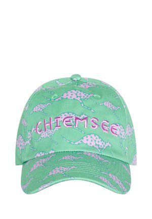 Grüne Baseballkappe mit pink gepunkteten Dinosauriermustern und pink besticktem Schriftzug "CHIEMSEE" auf der Vorderseite.