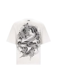 Witte korte mouwen t-shirt met een groot zwart draakmotief, versierd met bloemenaccenten en tekst in een cirkelontwerp op de achterkant.
