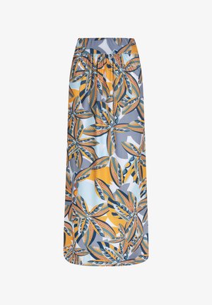 Maxi rok met een elastische taille in een kleurrijk bladerenpatroon. Bevat blauwe, oranje en witte tinten met een soepele, vloeiende stoftextuur.