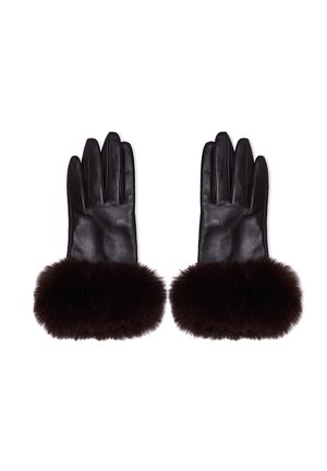 Czarne skórzane rękawiczki z brązowym futrzanym mankietem. Rękawiczki mają pięć palców, gładką teksturę i dopasowany krój. Futro dodaje miękkiego, puszystego akcentu.