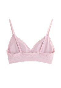 Rosa bralette i mjukt tyg, med spetsdetaljer vid ärmslut och underband, justerbara band och en triangulär skärning.