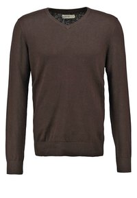 Brun, långärmad tröja med v-ringning. Tillverkad av mjukt tyg med ribbade manschetter och nederkant; slät yta, minimalistisk design.