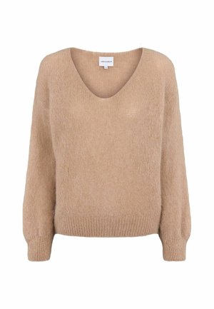 Pull beige à manches longues avec un profond col en V, poignets et taille côtelés, présenté sur fond blanc uni.