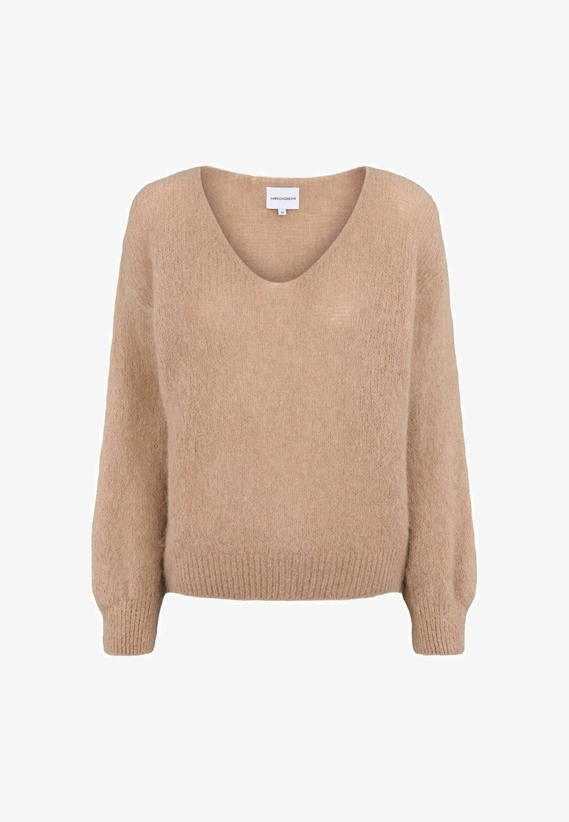 Pull beige à manches longues avec un profond col en V, poignets et taille côtelés, présenté sur fond blanc uni.