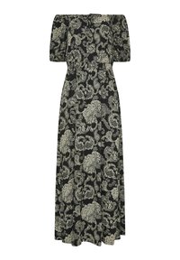 Maxikleid aus schwarzem Stoff mit cremefarbenen Paisleymustern, schulterfreier Ausschnitt und puffärmel mit tailliertem Bund.