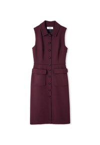 Abito senza maniche color borgogna con colletto, apertura frontale con bottoni e due tasche anteriori. Realizzato in un tessuto testurizzato, con bottoni neri.