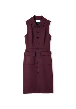 Bordeaux mouwloze jurk met een kraaglijn, knopen aan de voorkant en twee zakken aan de voorkant. Gemaakt van een textiele stof met zwarte knopen.