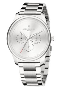 Silberner Edelstahlchronograf mit Zifferblatt aus gebürstetem Metall, Unterzifferblätter für Tag, Datum und 24-Stunden-Format, mit einem roten Akzent auf dem Sekundenzeiger.