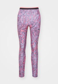 Legginsy z fioletowym tłem i abstrakcyjnymi różowymi wzorami, z wysokim stanem i miękkim, elastycznym materiałem dla maksymalnego komfortu.