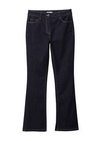 Dark blue bootcut jeans with front button, zipper, and five-pocket design with contrast stitching.