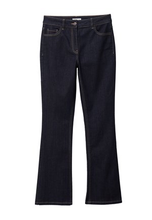 Tummansininen bootcut-farkut, joissa on etuvetoketju, nappi ja viisi-taskuinen muotoilu, jossa on kontrastivärinen tikkaus.