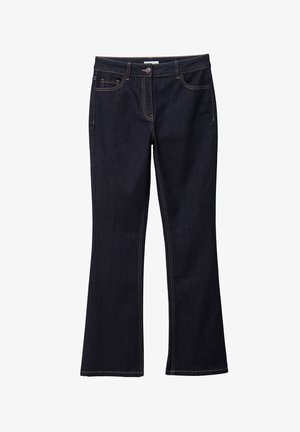 Dark blue bootcut jeans with front button, zipper, and five-pocket design with contrast stitching.