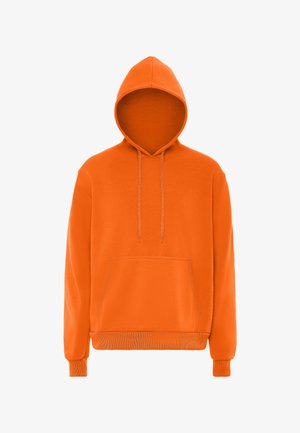 Orange Kapuzenpullover mit einer vorderen Kängurutasche, verstellbarem Zugband an der Kapuze und gerippten Bündchen und Saum. Aus weichem, strukturiertem Stoff gefertigt.