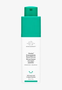 Weiße Flasche mit türkisem Pumpspender. Das vordere Etikett zeigt den Produktnamen und Details in schwarzer Schrift. Enthält 30 ml Serum mit Peptiden.