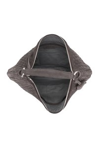 Gray woven leather handbag unzipped, showing empty dark fabric interior with a zippered pocket inside.