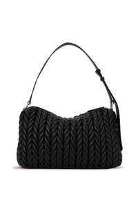 Sac à main en cuir tressé noir avec une forme courbée, doté d'une large bandoulière et d'une finition texturée, sécurisé par une fermeture éclair.