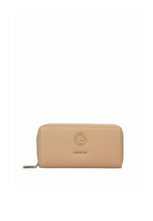 Portafoglio rettangolare beige con zip che gira intorno, con logo color oro e nome del marchio impresso sul davanti, dotato di cursore in metallo.