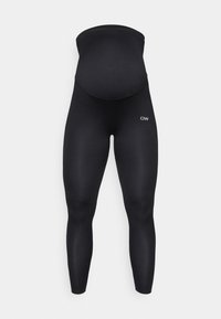 Sorte graviditetsleggings med en høy, støttende midje. Laget av elastisk stoff, med en glatt, jevn tekstur og en logo på den nedre delen av benet.