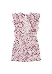 Biała sukienka z różowym kwiatowym i geometrycznym nadrukiem, falbaniaste rękawy oraz wycięcie na plecach. Wykonana z lekkiego materiału, długość za kolano.