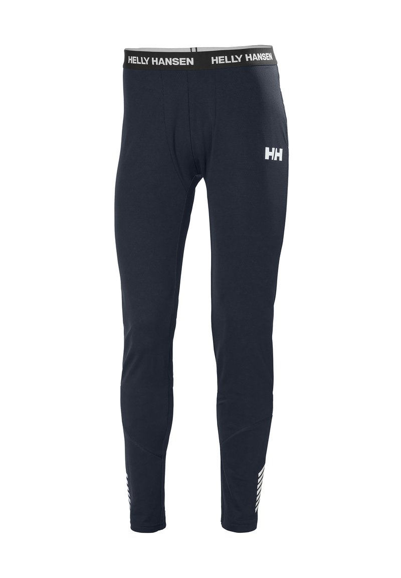 Leggings deportivos en color marino con una cinturilla negra que presenta el logo "HELLY HANSEN". Incluyen el logo blanco "HH" y un patrón de rayas diagonales en la parte inferior de la pierna.