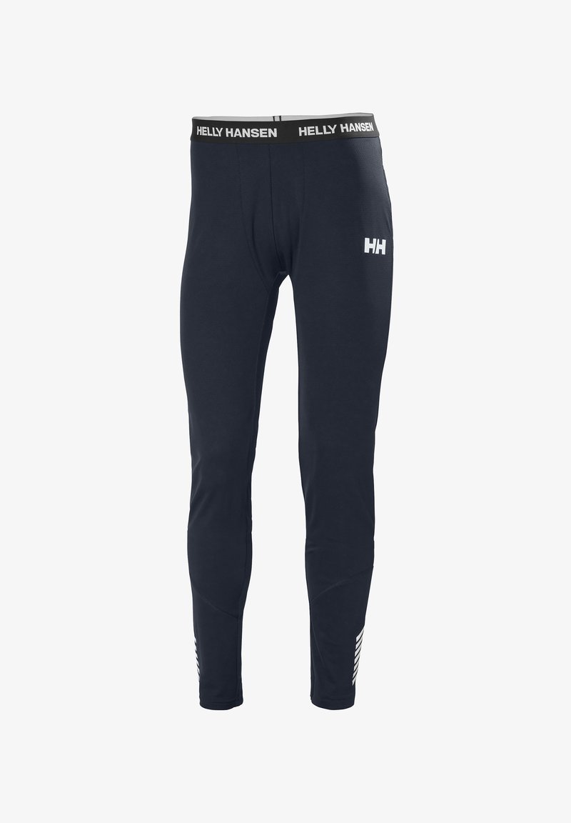 Leggings deportivos en color marino con una cinturilla negra que presenta el logo "HELLY HANSEN". Incluyen el logo blanco "HH" y un patrón de rayas diagonales en la parte inferior de la pierna.