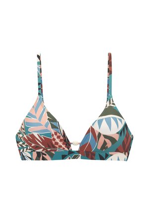 Top de bikini triunghi cu bretele subțiri reglabile, având un model abstract multicolor cu frunze în tonuri de albastru, roz, verde și maro.