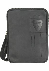 Pochette nera in pelle con zip, caratterizzata da una finitura testurizzata, un dettaglio cucito e una piccola etichetta con logo. Include una tracolla removibile per il trasporto.
