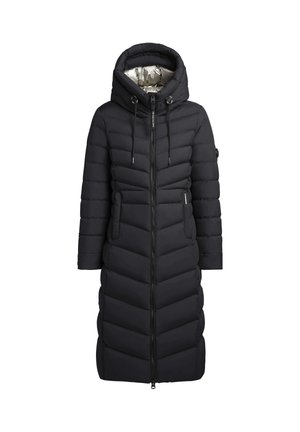 Schwarze Daunenjacke mit einem langen, schräg gesteppten Design, verstellbarem Kapuze und Frontreißverschluss. Sie verfügt über zwei seitliche Taschen und ein glänzendes silbernes Innenfutter.